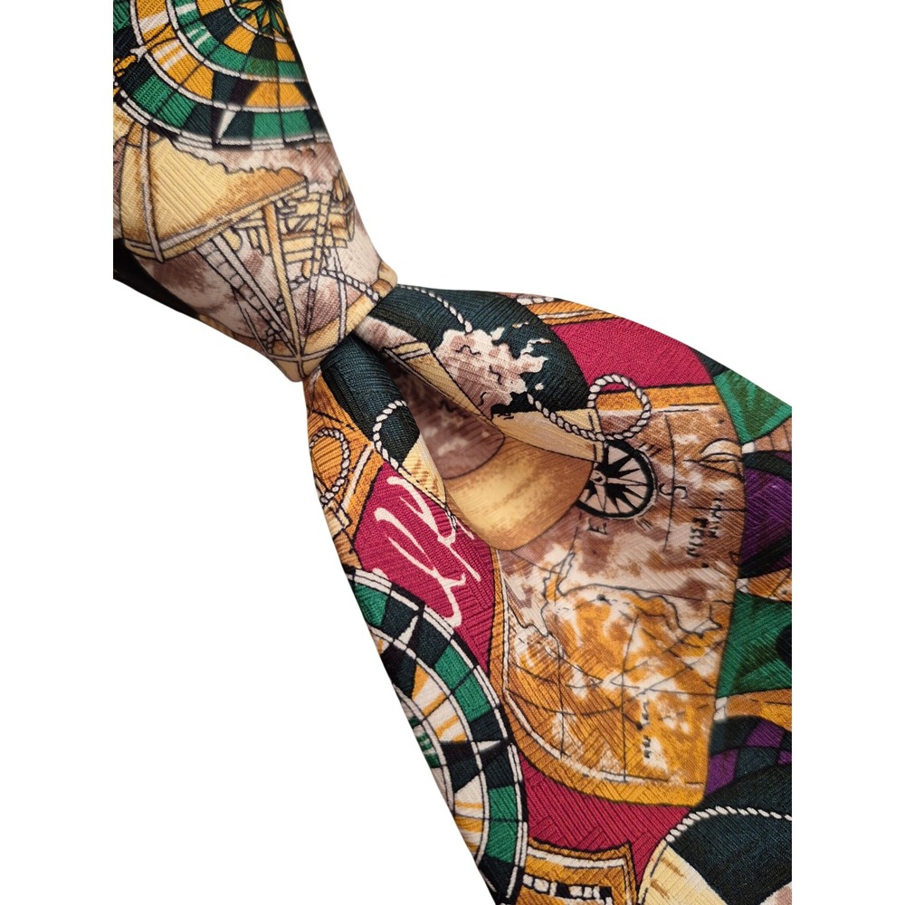 Tommy Hilfiger Mens Silk Tie Nautical Map Compass Sailboat Burgundy Gold VTG 90s